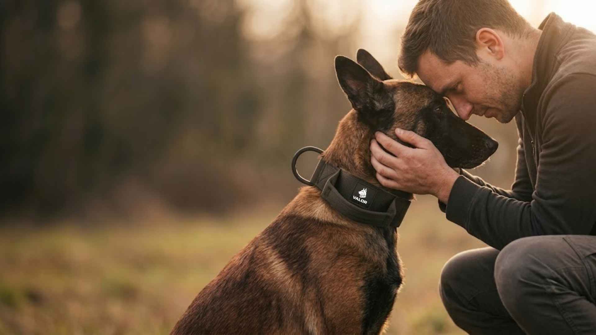 Kévin Vigreux, cas client Valor : un homme accroupi front contre front avec un berger malinois portant le collier tactique Valor, lumière dorée en extérieur