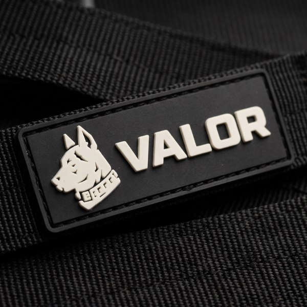 Équipement pour chiens VALOR, campagne créée par Kévin Vigreux — gros plan sur le patch logo, tête de chien gravée