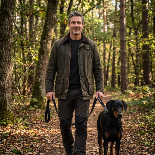Équipement pour chiens VALOR, campagne créée par Kévin Vigreux — balade en forêt avec un Doberman en laisse, ambiance automnale